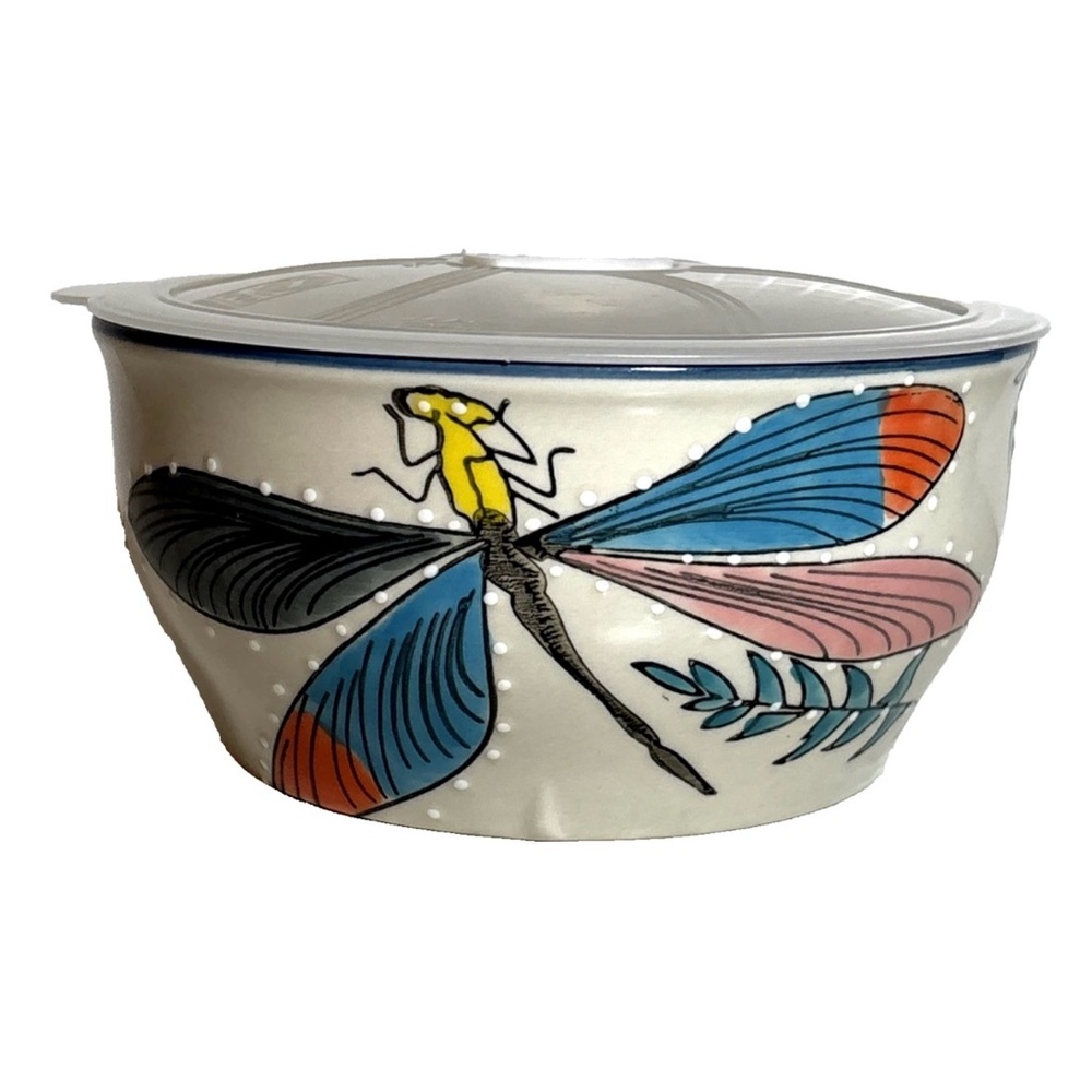 Royal Ceramic Ramen Rice Soup Bowl and Vented Lid Colorful Dragonfly Design